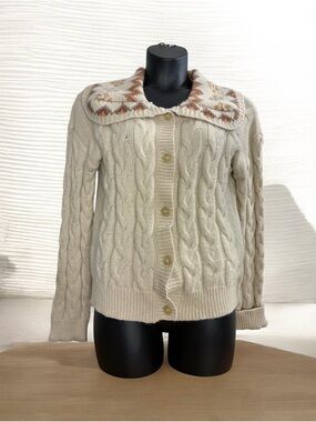 Hem & Thread Cream Cable-Knit Button Cardigan Fair isle Patterned Collar